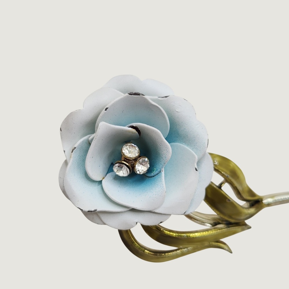 Vintage Coro Signed Blue Enamel Rose Brooch Rhinestone Floral Mod Pop Art 1960s